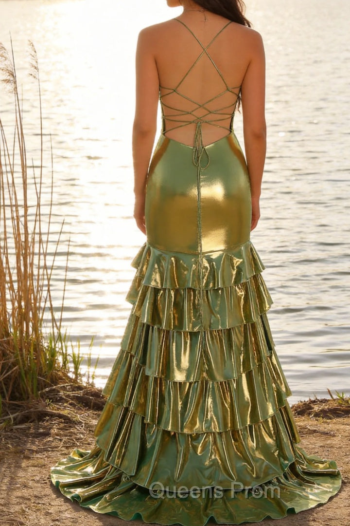 Green Metallic Tiered Mermaid Tie Back Long Prom Dress With Slit