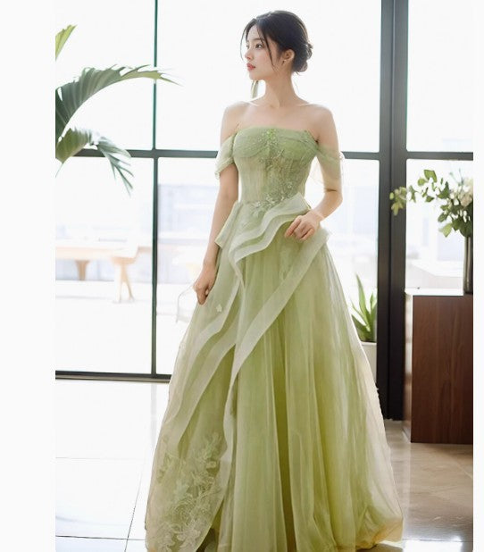Green Off Shoulder Lace Long Prom Dress, Green Formal Dress