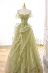 Green Off Shoulder Lace Long Evening Prom Dress, Green Formal Dress