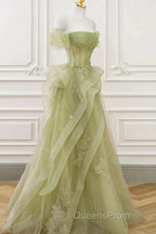 Green Off Shoulder Lace Long Evening Prom Dress, Green Formal Dress