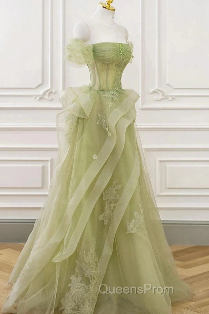 Green Off Shoulder Lace Long Evening Prom Dress, Green Formal Dress