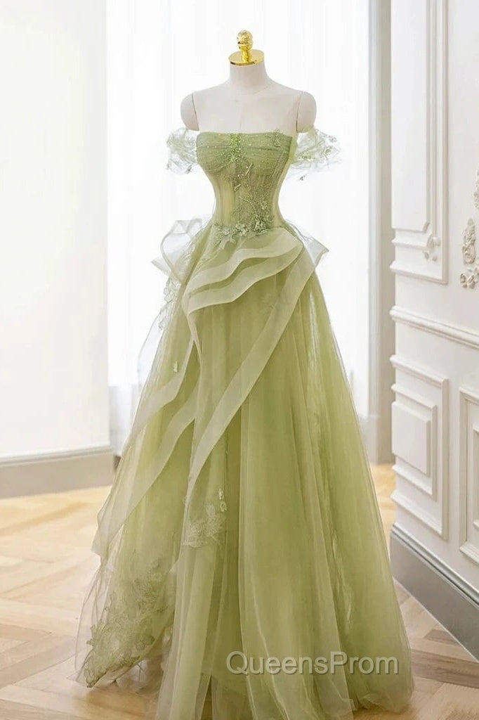 Green Off Shoulder Lace Long Evening Prom Dress, Green Formal Dress