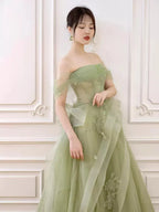 Green Off Shoulder Lace Long Prom Dress, Green Formal Dress