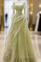 Green Off Shoulder Lace Long Evening Prom Dress, Green Formal Dress
