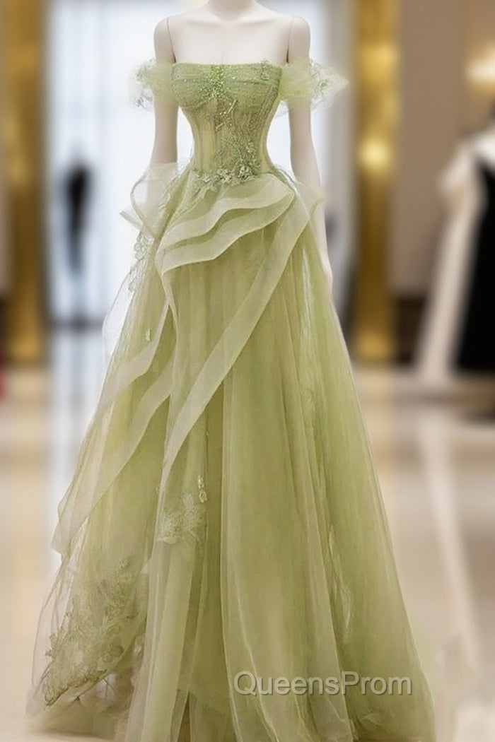 Green Off Shoulder Lace Long Evening Prom Dress, Green Formal Dress