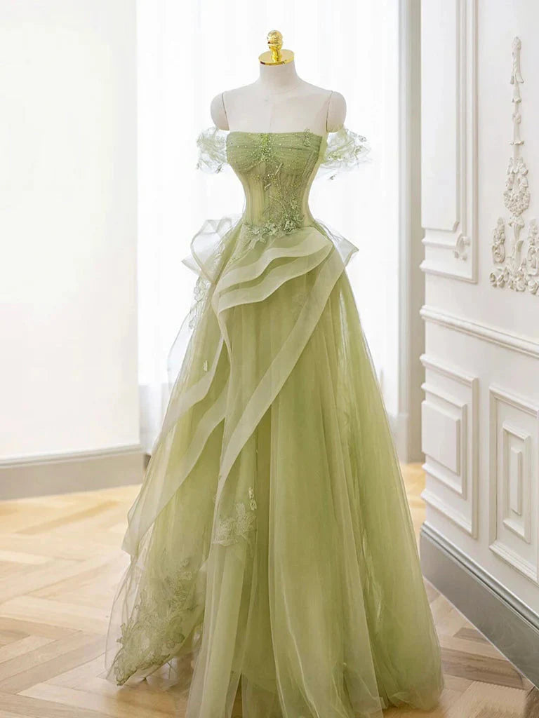 Green Off Shoulder Lace Long Prom Dress, Green Formal Dress Main image