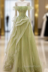Green Off Shoulder Lace Long Evening Prom Dress, Green Formal Dress