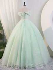 Green Off Shoulder Tulle Green Long Evening Prom Dress, Green Lace Long Sweet 16 Dress