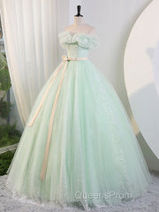 Green Off Shoulder Tulle Green Long Evening Prom Dress, Green Lace Long Sweet 16 Dress