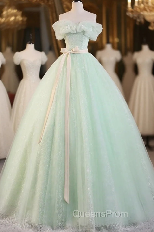 Green Off Shoulder Tulle Green Long Evening Prom Dress, Green Lace Long Sweet 16 Dress Main image
