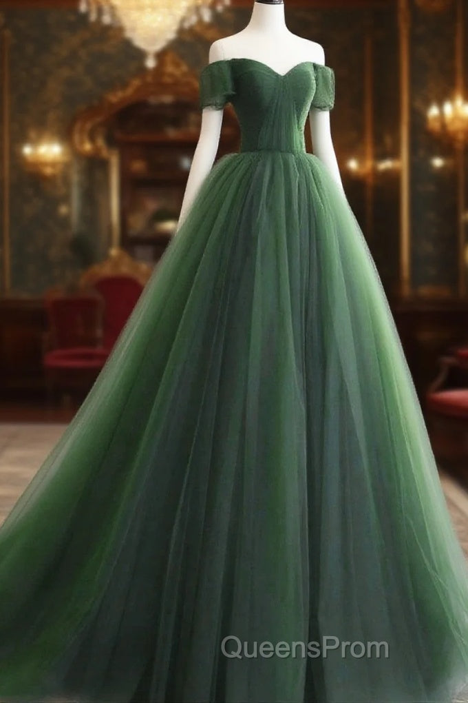 Green Off Shoulder Tulle Sweetheart Long Party Dress, Green Tulle Evening Dress Evening Prom Dress Main image