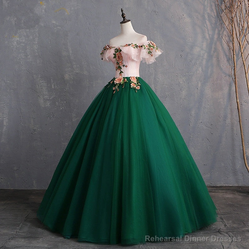 Green Off Shoulder Tulle with Lace Formal Gown, Green Evening Sweet 16 Dresses Secondary image