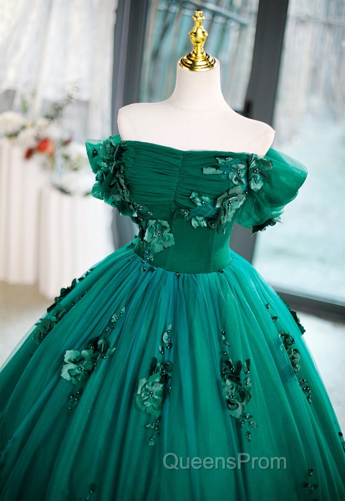 Green Off Shouldr Ball Gown Flowers Tulle Formal Dress, Green Floor Length Party Dress Secondary image