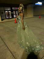 Green Strapless Long Classy Prom Dress With Appliques