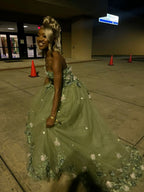 Green Strapless Long Classy Prom Dress With Appliques