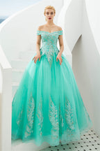 Off the Shoulder Sweetheart Applique A-line Floor Length Prom Dresses