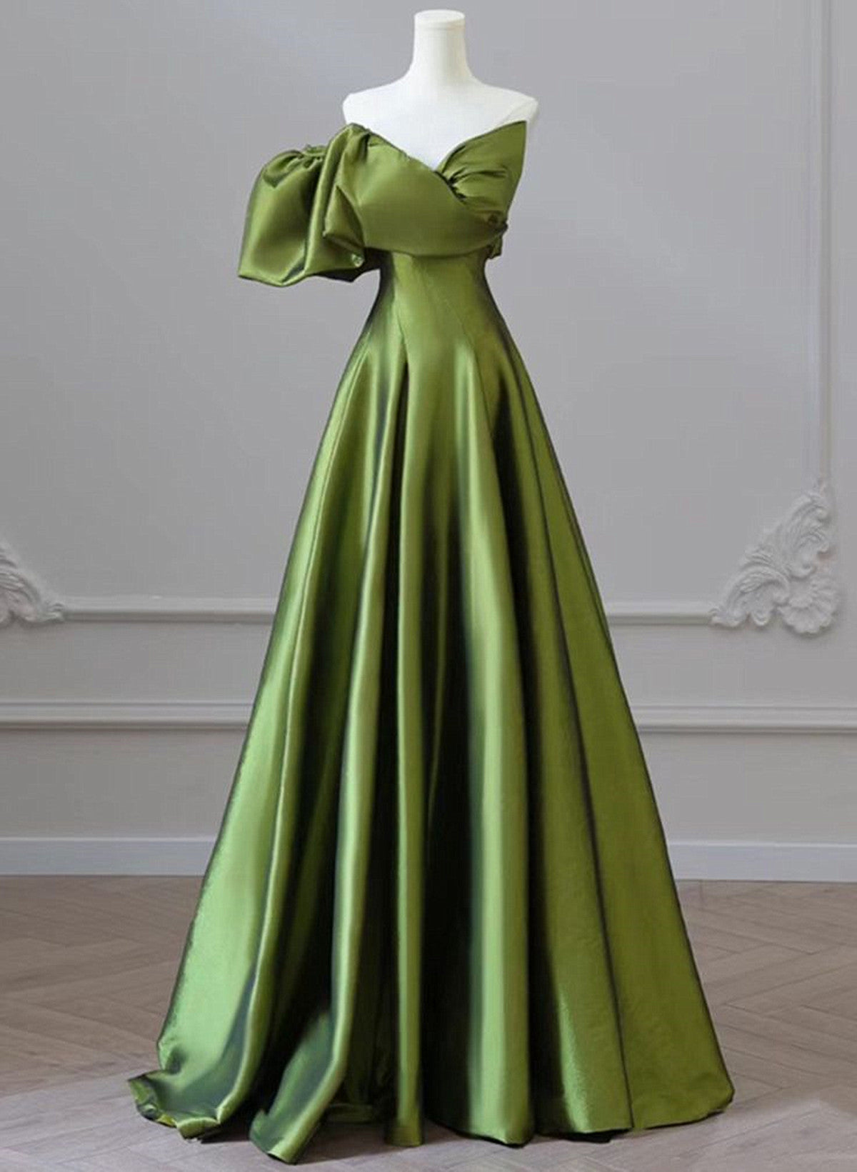 Green One-Shoulder Short Sleeves Backless Sweep Train Classy Prom Dress, Green Party Dress Main image
