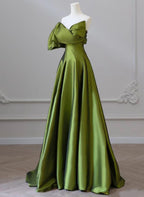 Green One-Shoulder Short Sleeves Backless Sweep Train Classy Prom Dress, Green Party Dress