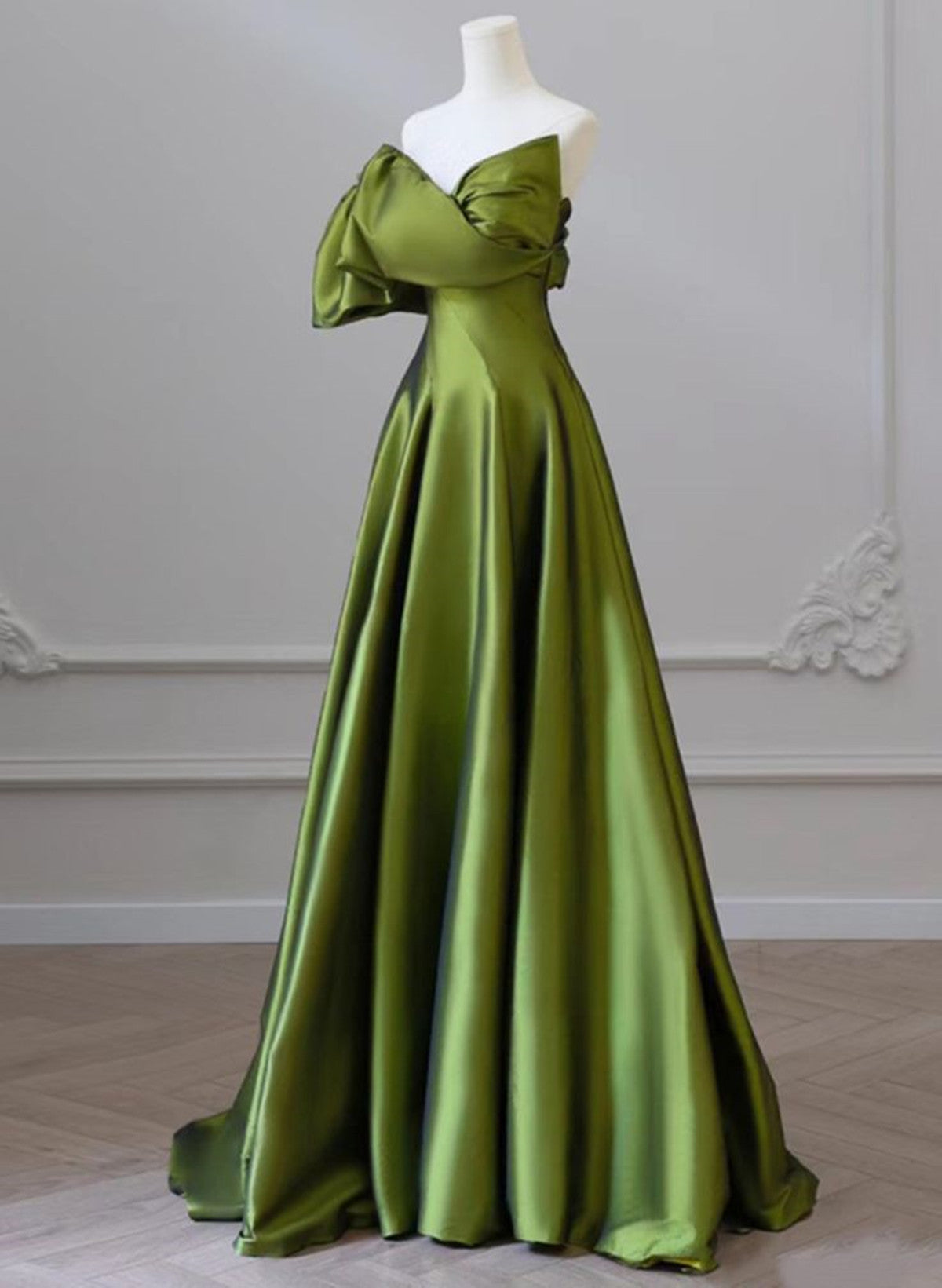 Green One-Shoulder Short Sleeves Backless Sweep Train Classy Prom Dress, Green Party Dress