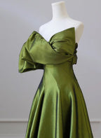 Green One-Shoulder Short Sleeves Backless Sweep Train Classy Prom Dress, Green Party Dress