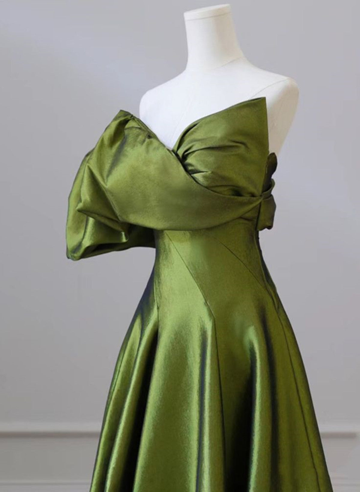 Green One-Shoulder Short Sleeves Backless Sweep Train Classy Prom Dress, Green Party Dress
