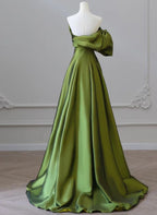 Green One-Shoulder Short Sleeves Backless Sweep Train Classy Prom Dress, Green Party Dress