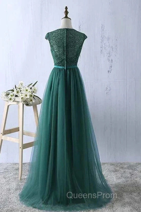 Green Evening Prom Dress Scoop Tulle & Lace With Sash A Line Sweep Train Floor Length Elegant Secondary image
