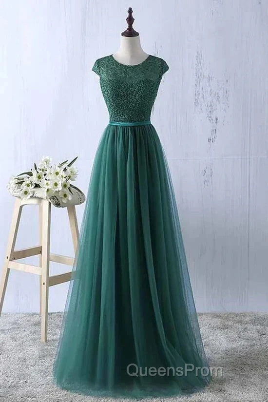 Green Evening Prom Dress Scoop Tulle & Lace With Sash A Line Sweep Train Floor Length Elegant