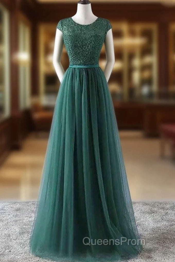 Green Evening Prom Dress Scoop Tulle & Lace With Sash A Line Sweep Train Floor Length Elegant Main image