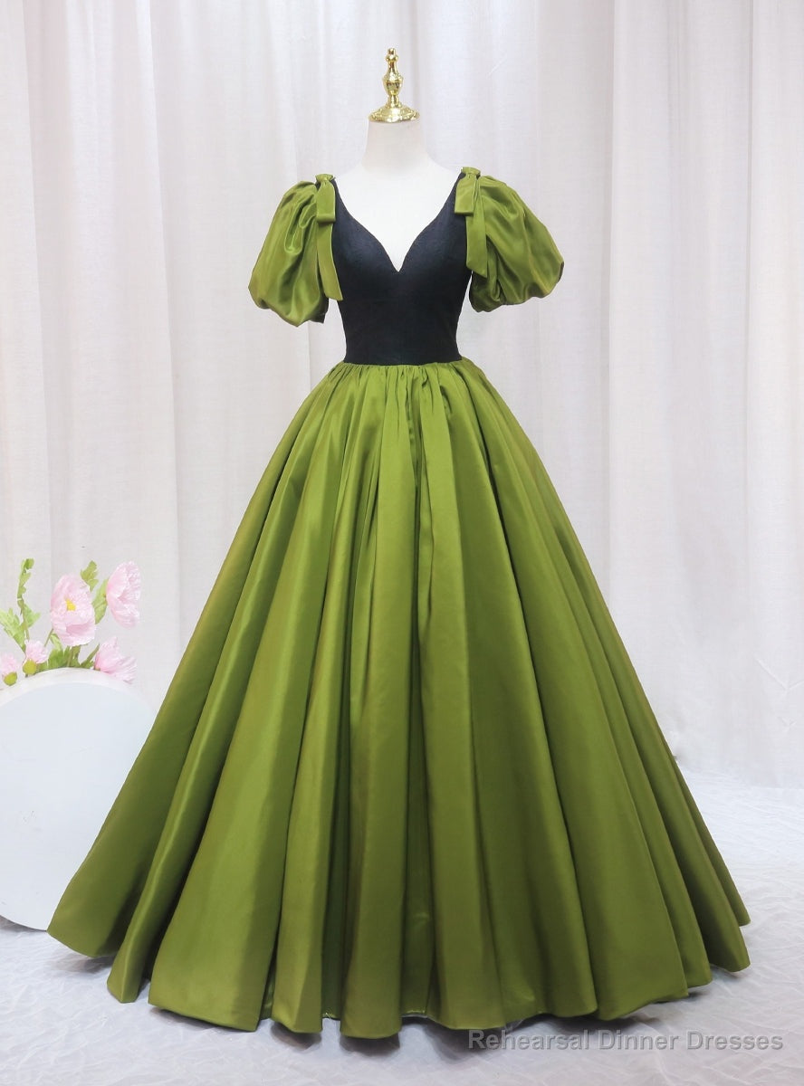 Green Puff Sleeve Satin V-neck Prom Dress Main image