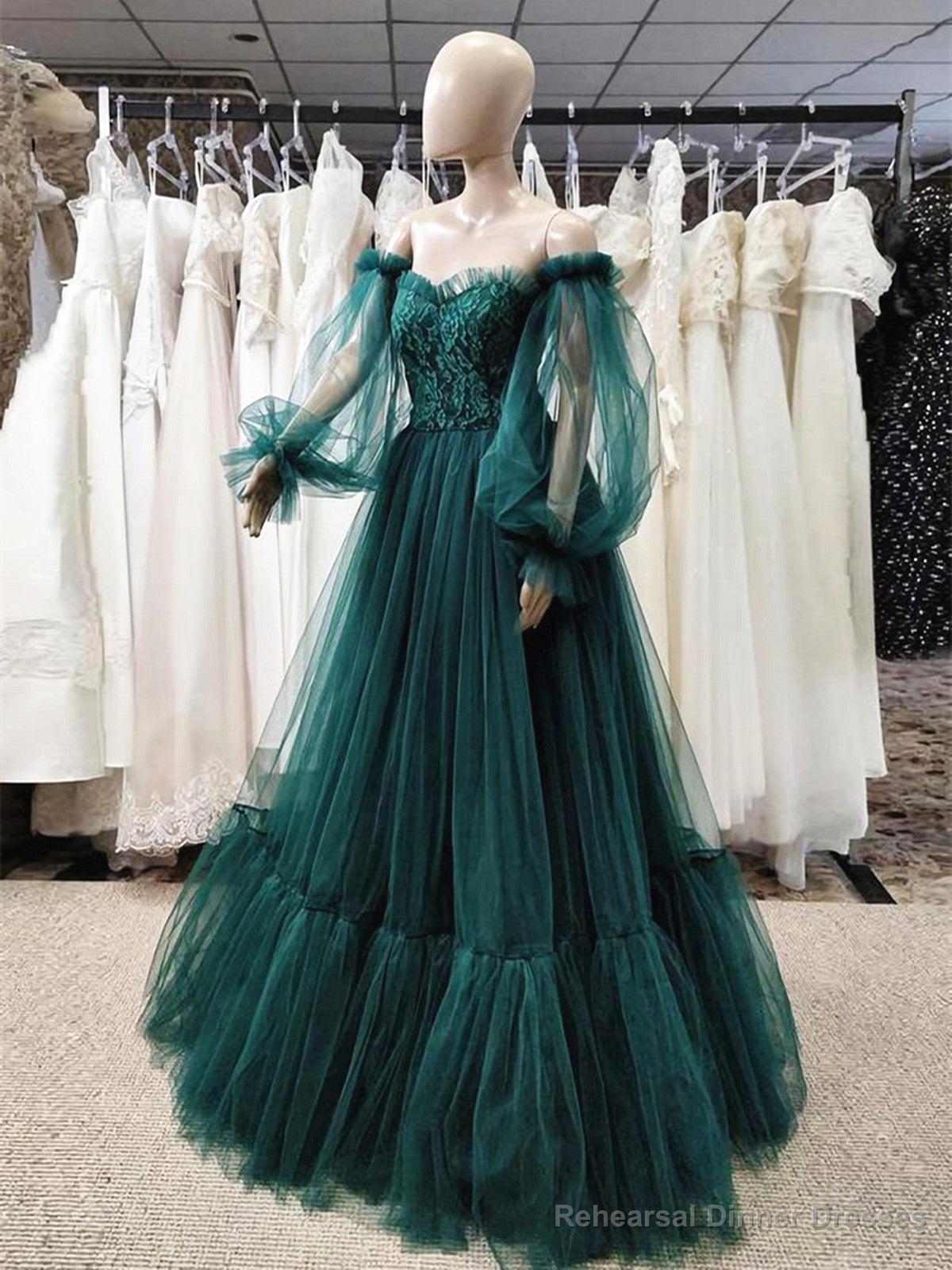Green Puffy Sleeves Lace Top Long Party Dress, Green Tulle Prom Dress Main image