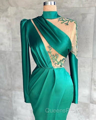 Green Robe De Soiree Sheath Long Sleeves Satin Beaded Slit Sexy Long Evening Prom Dress Evening Prom Gown Evening Dress