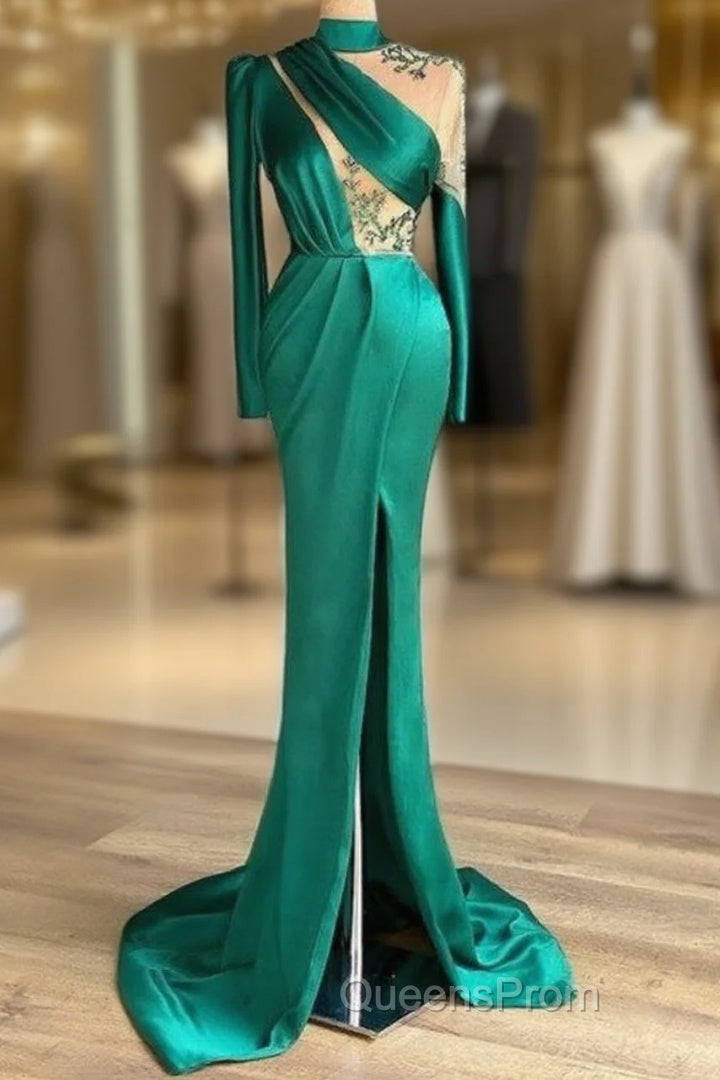 Green Robe De Soiree Sheath Long Sleeves Satin Beaded Slit Sexy Long Evening Prom Dress Evening Prom Gown Evening Dress Main image