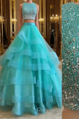 Green Round Neck 2 Pieces Beaded Sequins Tulle Long Evening Prom Dress, Green 2 Pieces Formal Dress, Green Evening Dress