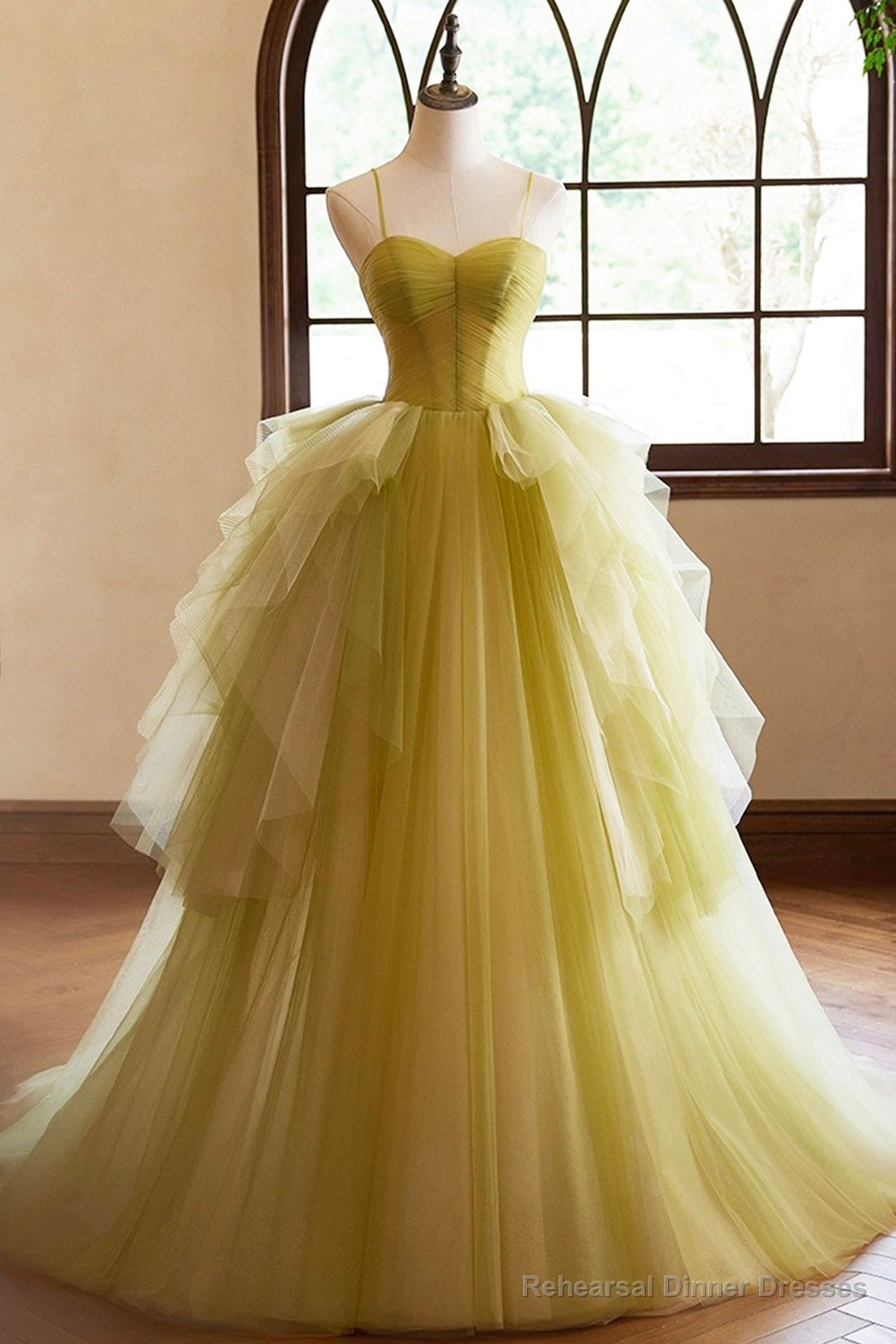 Green Ruffle Long A-Line Prom Dresses, Spaghetti Straps Backless Evening Dresses Main image