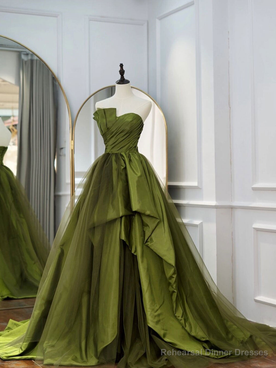 Green Ruffle Tiered Prom Dresses Strapless, Green Long Party Dress Main image