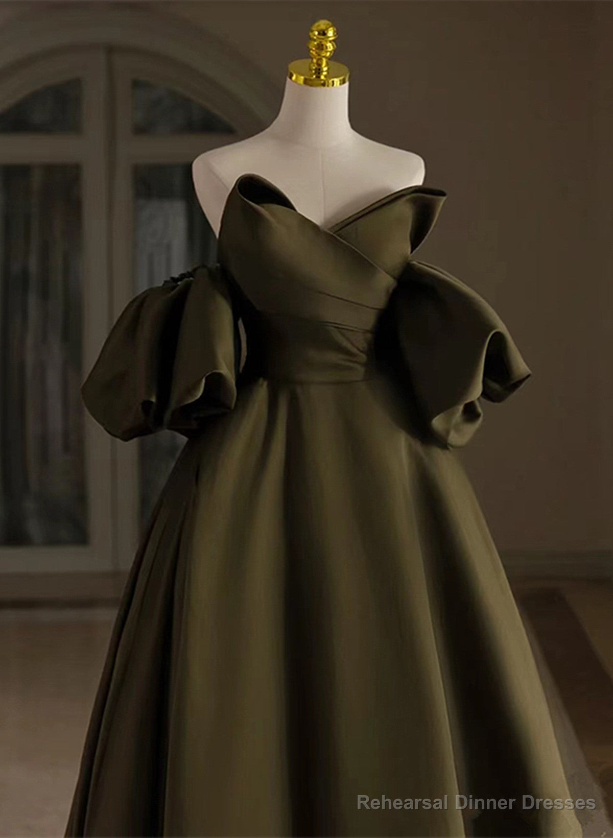 Green Satin A-line Long Prom Dress Party Dress, Green Off Shoulder Evening Dress Secondary image