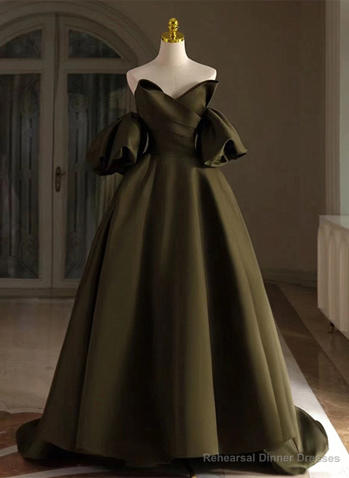 Green Satin A-line Long Prom Dress Party Dress, Green Off Shoulder Evening Dress Main image