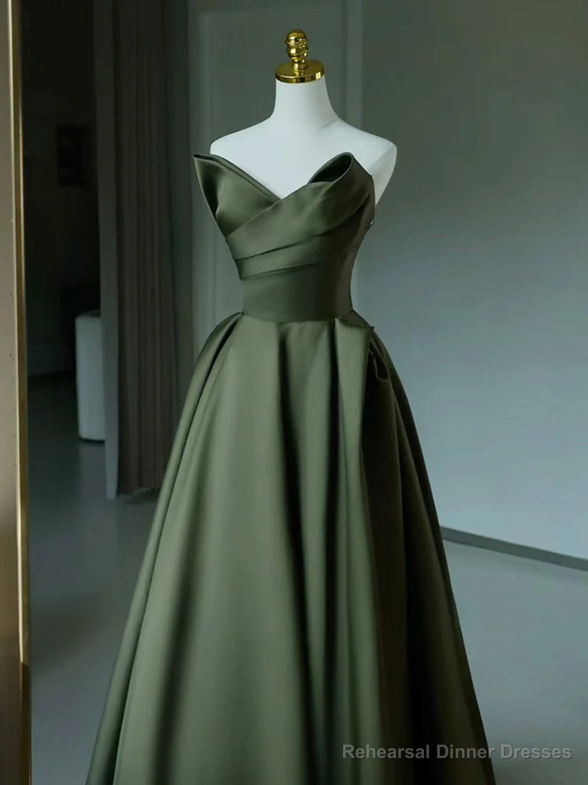 Green Satin A-line V-neckline Long Formal Dress, Green Satin Prom Dress Secondary image