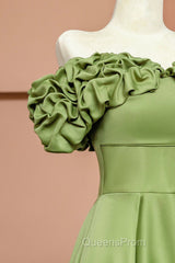 Green Satin Floor Length Evening Prom Dress, Off The Shoulder Evening Party Dress