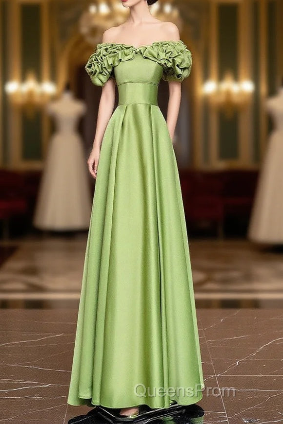 Green Satin Floor Length Evening Prom Dress, Off The Shoulder Evening Party Dress Main image