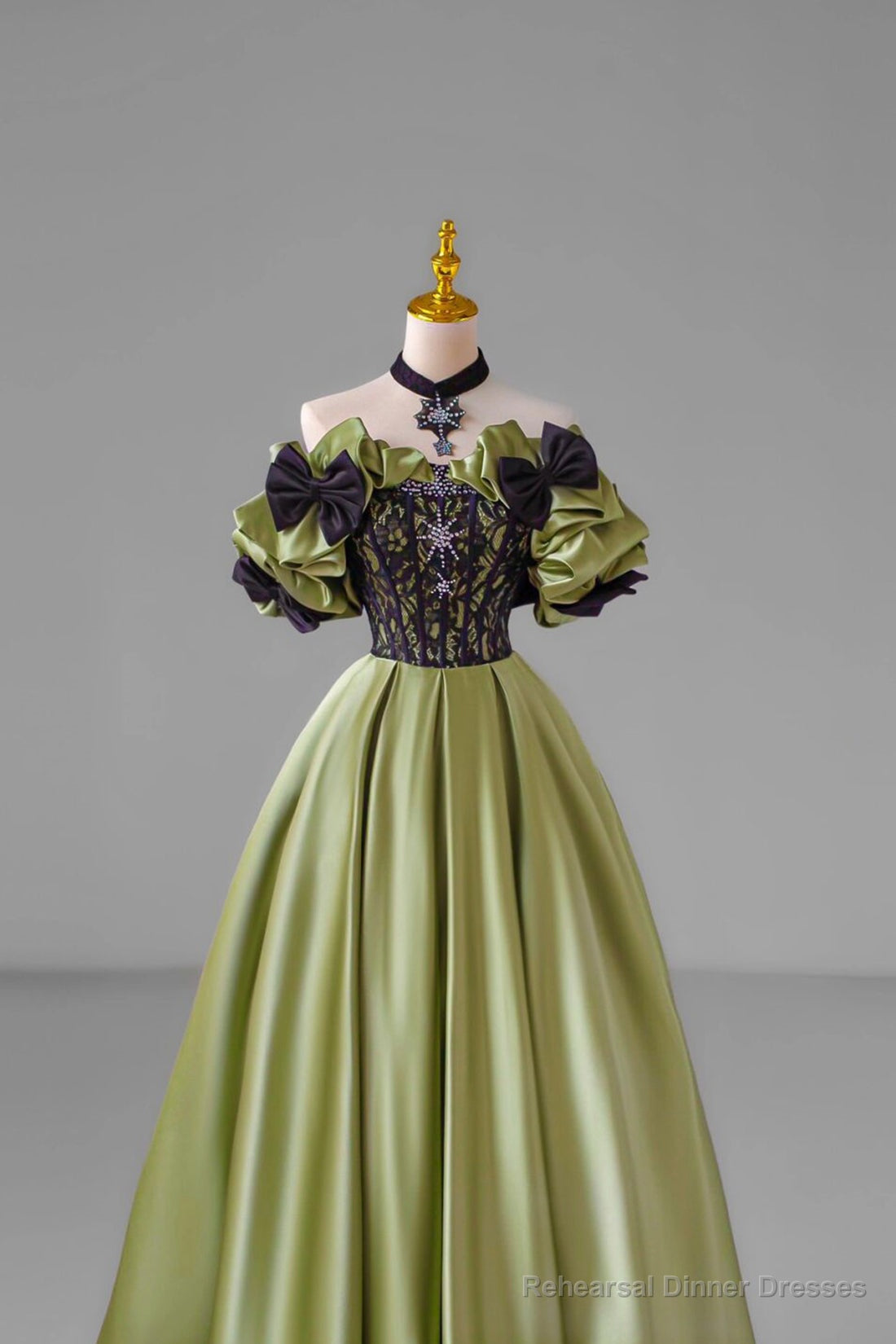 Green Satin Floor Length Prom Dress with Lace, Green Evening Party Dress Secondary image