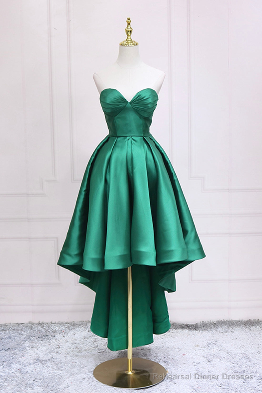 Green Satin High Low Prom Dress, Cute Sweetheart Neck Evening Party Dress Main image