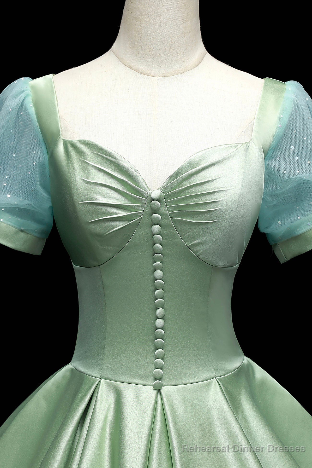 Green Satin Long A-Line Ball Gown, Short Sleeve Green Formal Evening Dress Secondary image