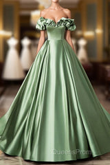 Green Satin Long A-Line Party Dress, Off The Shoulder Formal Evening Dress