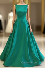 Green Satin Long Evening Prom Dress, Green Evening Dress