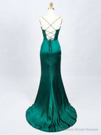 Green Satin Long Prom Dresses, Green Mermaid Long Formal Dresses