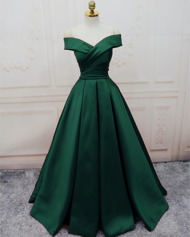 Green Satin Off Shoulder Lace-Up Classy Gown, Senior Classy Prom Dress Secondary image