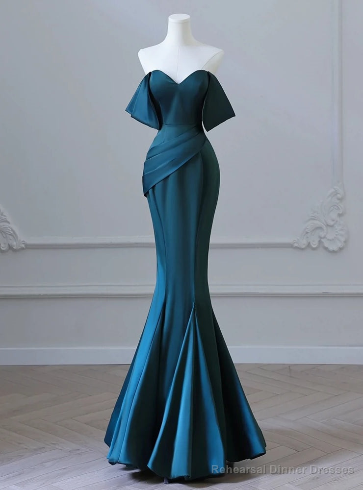 Green Satin Off the Shoulder Pleats Prom Dress Main image