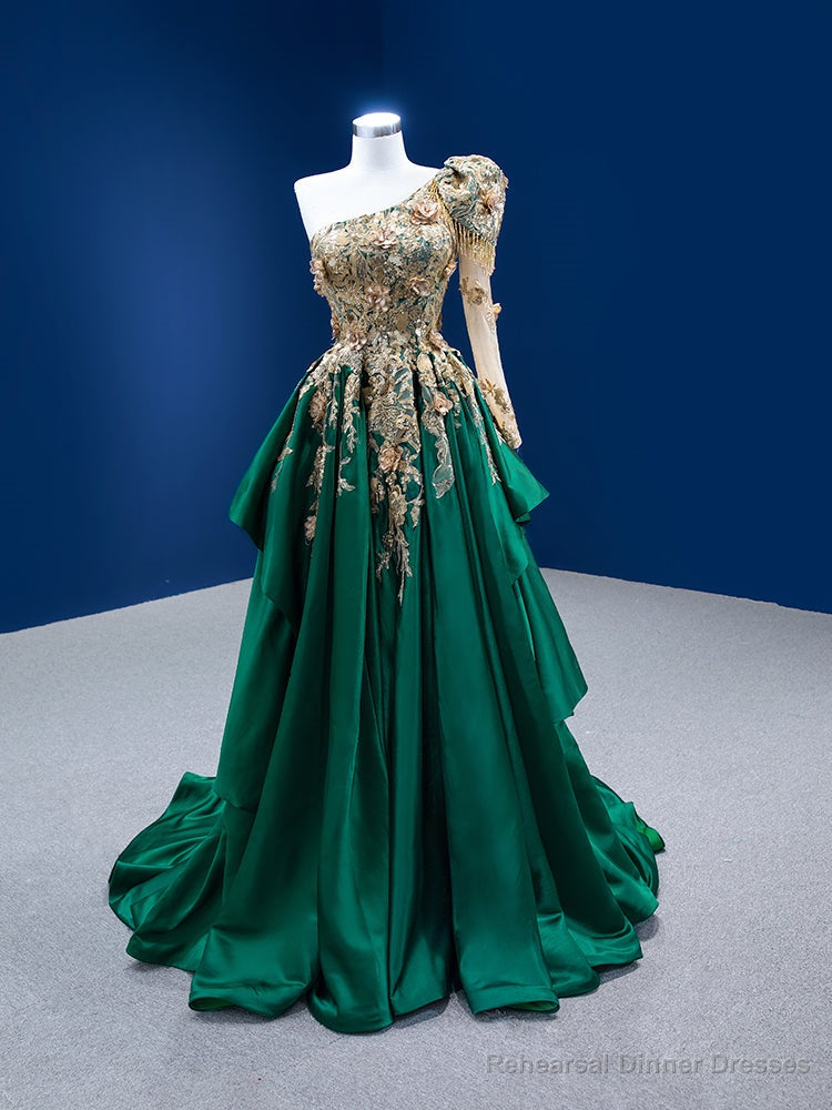 Green Satin One Shoulder Sequins Appliques Prom Dress Main image